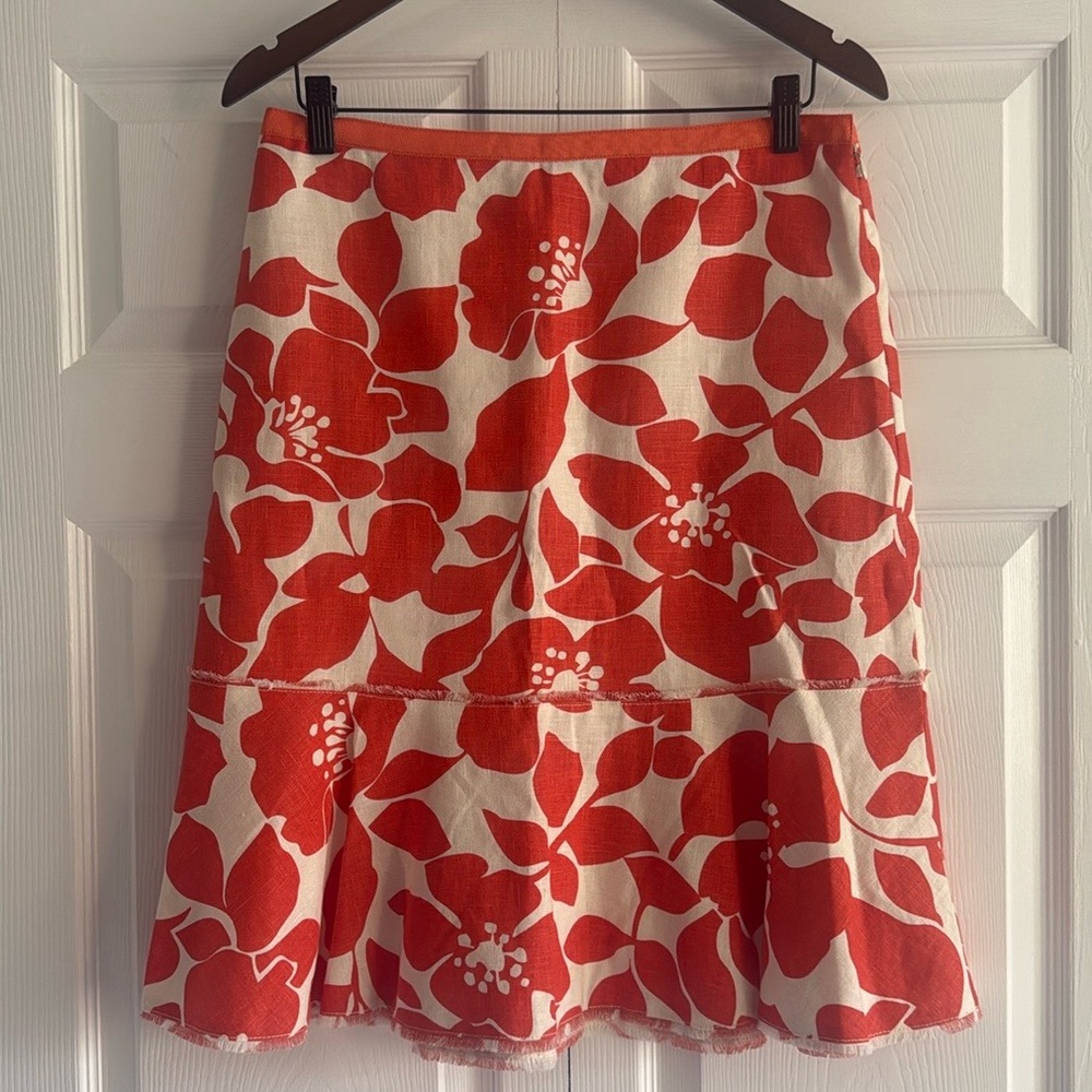 J. Crew Linen Ivory and Orange Large Floral Print Skirt - Size 6
